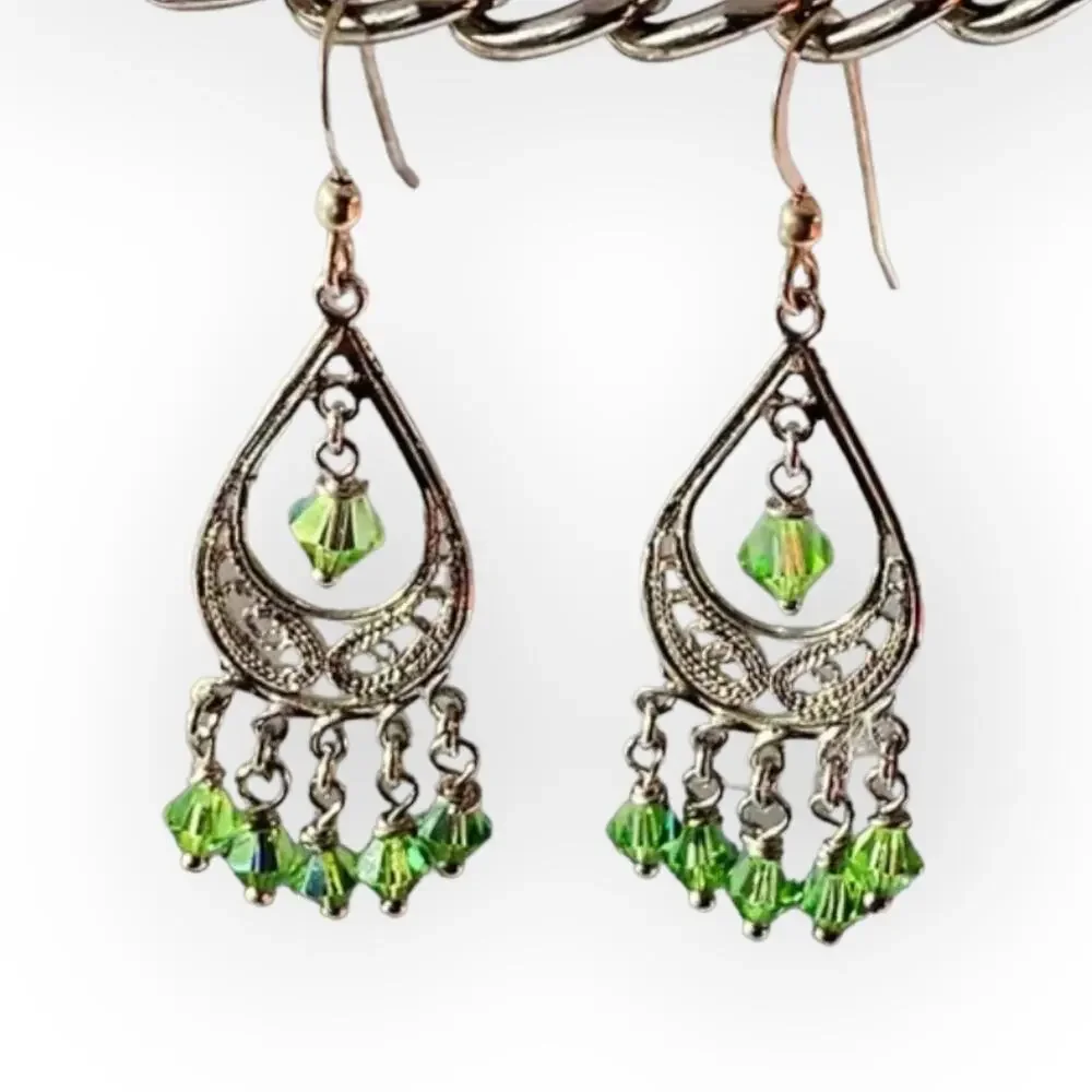 Delicate silver tone and leaf green chandelier earrings